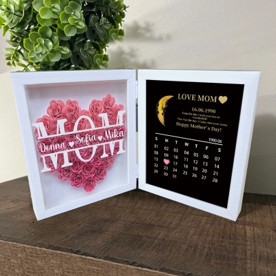 Personalised Flower Shadow Box Moon Phase Calendar with Names Gift for Mother's Day