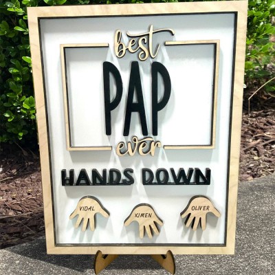 Personalised Best Papa Ever Hands Down Framed Sign With Kids Name For Father's Day