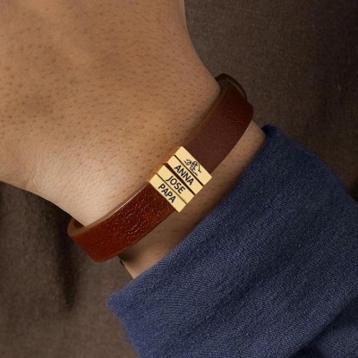 Personalised Men's Leather Bracelet With Kids Names and Symbol For Father's Day