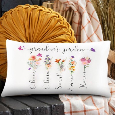 Personalised Grandma's Garden Pillow Birth Month Flower With Grandkids Name For Mother's Christmas Day