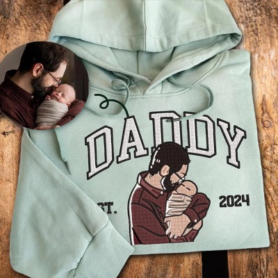 Custom Embroidered Dad Hoodie Sweatshirt From Portrait with Kid Name Fathers Day or Birthday Gift for Dad