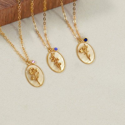 Personalised Dainty Birth Month Flower Mother Shell Gold Necklace With Birthstone For Mum