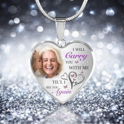 Personalised I Will Carry You With Me Til' I See You Again Memorial Heart Photo Necklace