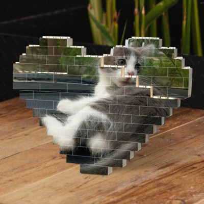 Personalised Heart Photo Block Puzzle Building Brick Gift For Pet Cat
