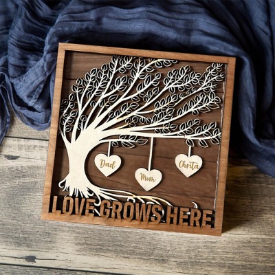 Custom Wooden Family Tree Sign With Name Engraved Home Decor For Mother's Day Christmas Love Grows Here