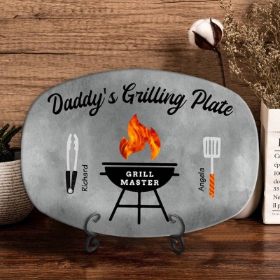 Personalized BBQ Dad Plate With Kids Name Daddy's Grilling Platter For Father's Day