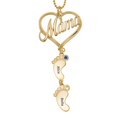Personalised Mama Heart Baby Feet Pendant Birthstone Name Necklace with 1-10 Charms
