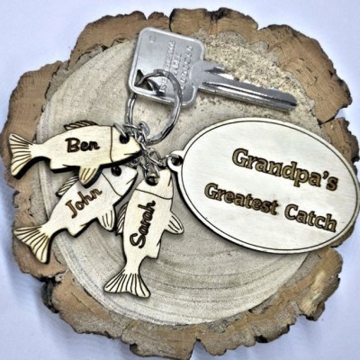 Father's Day Gift Personalized 1-10 Name Engraved Fishing Keychain Daddy Dad Grampa's Catch