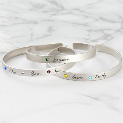 Personalised Mum Grandma Cuff Kids Name Bracelet With Birthstone Christmas Gift