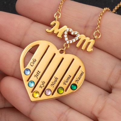 Custom Mum Heart Necklace With Kids Name and Birthstone For Mother's Day Christmas Birthday Gift Ideas