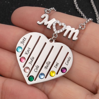 Custom Mum Heart Necklace With Kids Name and Birthstone For Mother's Day Christmas Birthday Gift Ideas