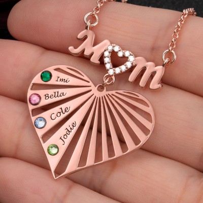 Custom Mum Heart Necklace With Kids Name and Birthstone For Mother's Day Christmas Birthday