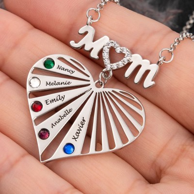 Custom Mum Heart Necklace With Kids Name and Birthstone For Mother's Day Christmas Birthday