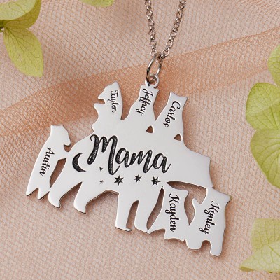 Personalised Mama Bear Necklace With 1-8 Kids Name For Mother's Day Gift