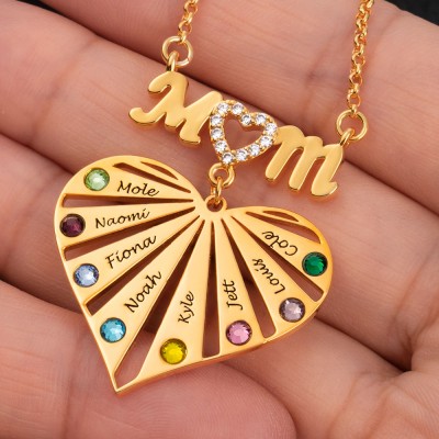 Custom Mum Heart Necklace With Kids Name and Birthstone For Mother's Day Christmas Birthday