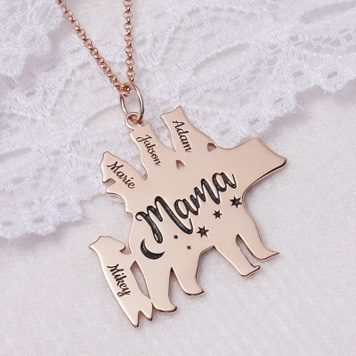 Personalised Mama Bear Necklace With 1-8 Kids Name For Mother's Day Gift