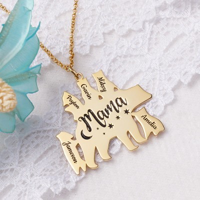 Personalised Mama Bear Necklace With 1-8 Kids Name For Mother's Day Gift