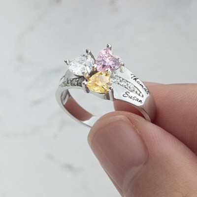 S925 Silver Personalised Engraved Heart-Shaped Birthstones Ring with 1-8 Names