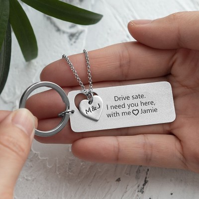 Drive Safe Personalized Necklace and Keychain Set For Couples Boyfriend 