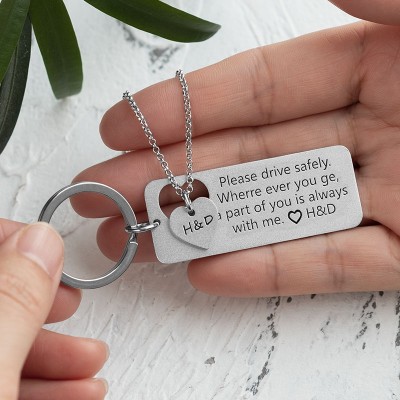 Drive Safe Personalised Necklace and Keychain Set For Couples Boyfriend 