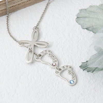 Personalised Mum 1-10 Baby Feet Charms Name Necklace With Birthstone