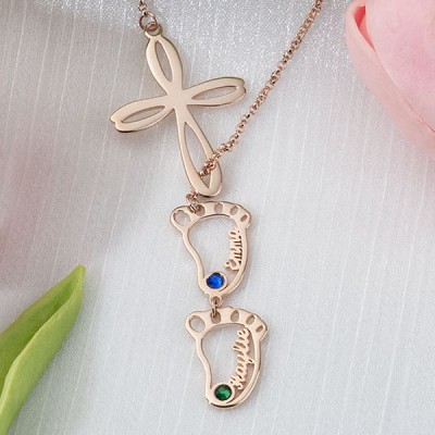 Personalised Mum 1-10 Baby Feet Charms Name Necklace With Birthstone