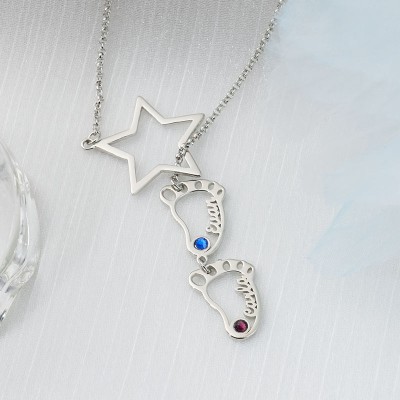 Personalised Baby Feet Charms Name Necklace With Birthstone For Mum Christmas's Day