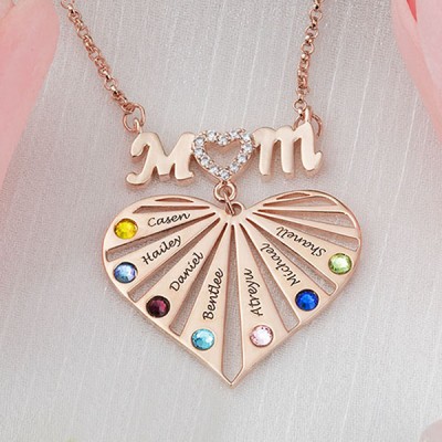 Personalised 1-8 Engraving Name Heart Necklace With Birthstone For Mum
