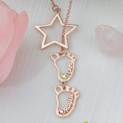 Personalised Baby Feet Charms Name Necklace With Birthstone For Mum Christmas's Day