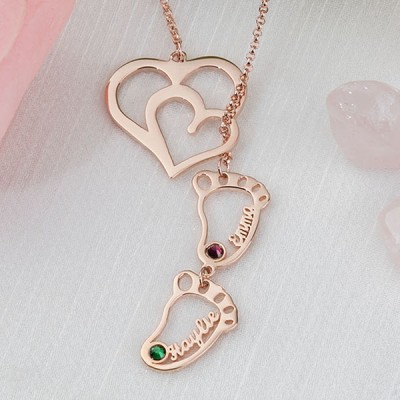 Personalised Baby Feet Charms Name Necklace With Birthstone For Mum Christmas's Day