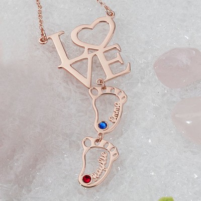 Personalised Baby Feet Charms Name Necklace With Birthstone For Mum Christmas's Day