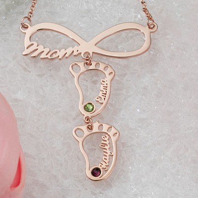 Personalised Infinity Mama Baby Feet Charms Name Necklace With Birthstone For Mum Christmas's Day
