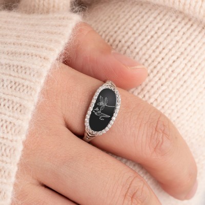 Personalised Birth Month Flower Ring Black Agate For Family Mum