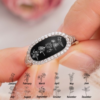 Personalised Birth Month Flower Ring Black Agate For Family Mum