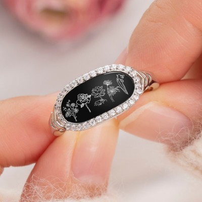 Personalised Birth Month Flower Ring Black Agate For Family Mum