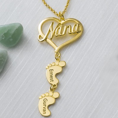 Personalised Love Heart Baby Feet Charms Name Necklace For Nana Mother's Day