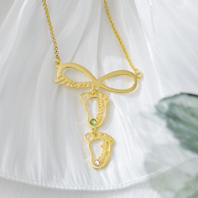 Personalised Infinity Mama Baby Feet Charms Name Necklace With Birthstone For Mum Christmas's Day
