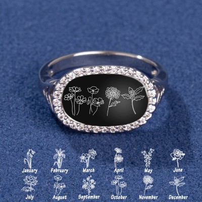 Personalised Birth Month Flower Ring Black Agate For Family Mum
