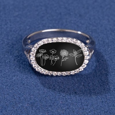 Personalised Birth Month Flower Ring Black Agate For Family Mum