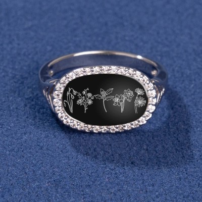 Personalised Birth Month Flower Ring Black Agate For Family Mum