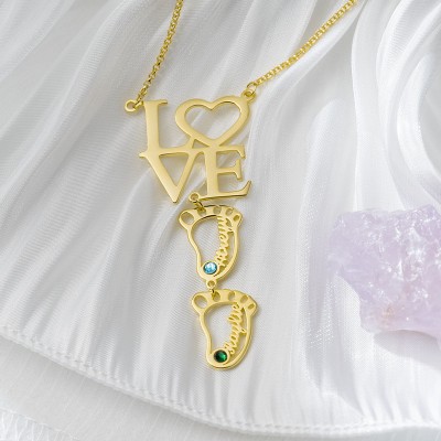 Personalised Baby Feet Charms Name Necklace With Birthstone For Mum Christmas's Day