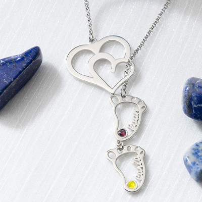 Personalised Baby Feet Charms Name Necklace With Birthstone For Mum Christmas's Day