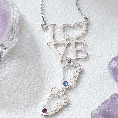 Personalised Baby Feet Charms Name Necklace With Birthstone For Mum Christmas's Day