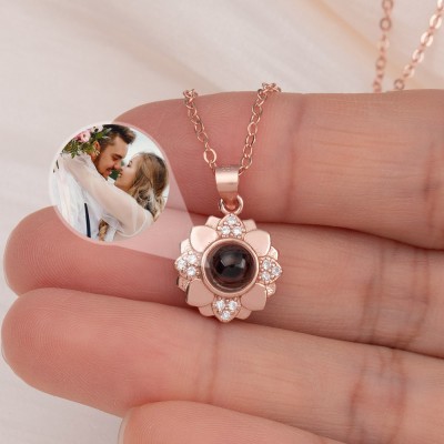 Personalised Photo Projection Sunflower Charm Necklace For Couple Valentine's Day Gift
