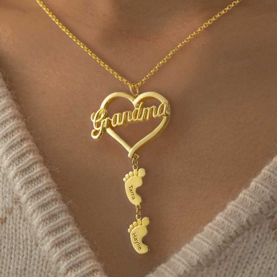Personalised Grandma Heart Pendant With Baby Feet Name Engraved  Necklace Mother's Day Gift Ideas
