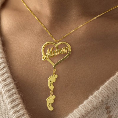 Personalised Maman Heart Pendant With Baby Feet Name Engraved  Necklace For Mother's Day Gift Ideas