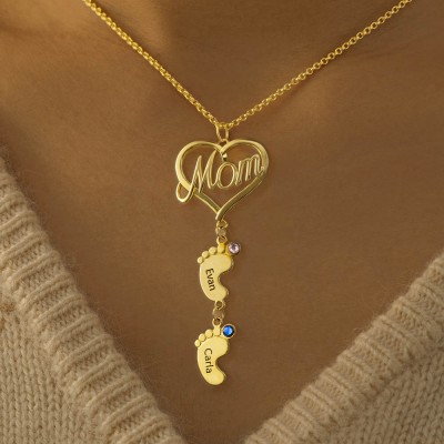 Personalised MOM Heart Pendant With Baby Feet Necklace 1-10 Name and Birthstone For Mother's Day Gift Ideas