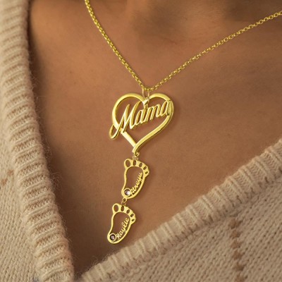 Personalised Mama Heart Pendant Necklace with 1-10 Hollow Baby Feet Charms