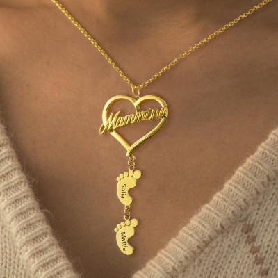Personalised Mammina Heart Pendant With Baby Feet Name Engraved  Necklace