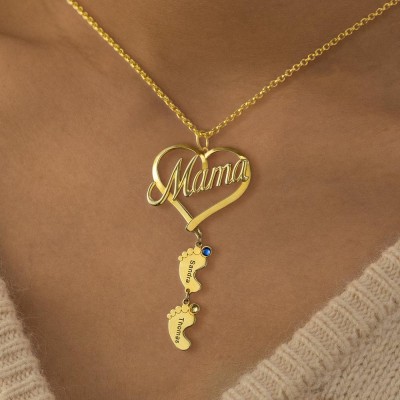Custom Mama Heart Pendant Baby Feet Necklace With 1-10 Name and Birthstone For Mother's Day Gift Ideas